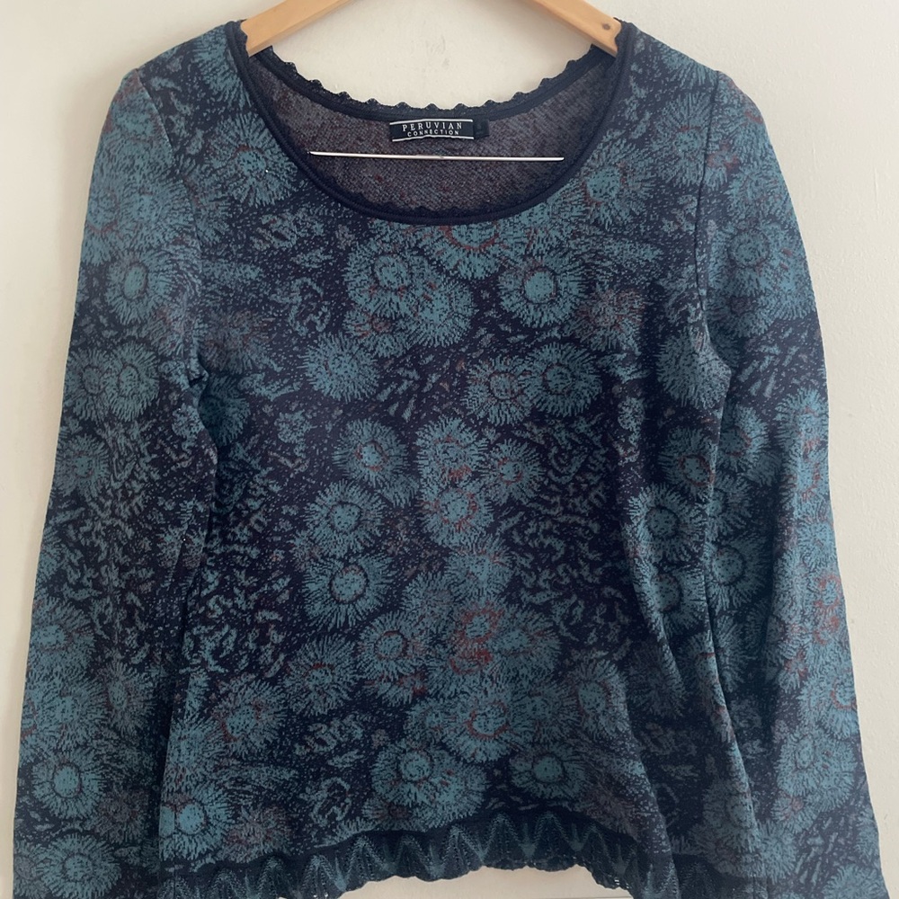 Peruvian Connection Sunflower Long Sleeve Sweater Top 100% Pima Cotton-EUC